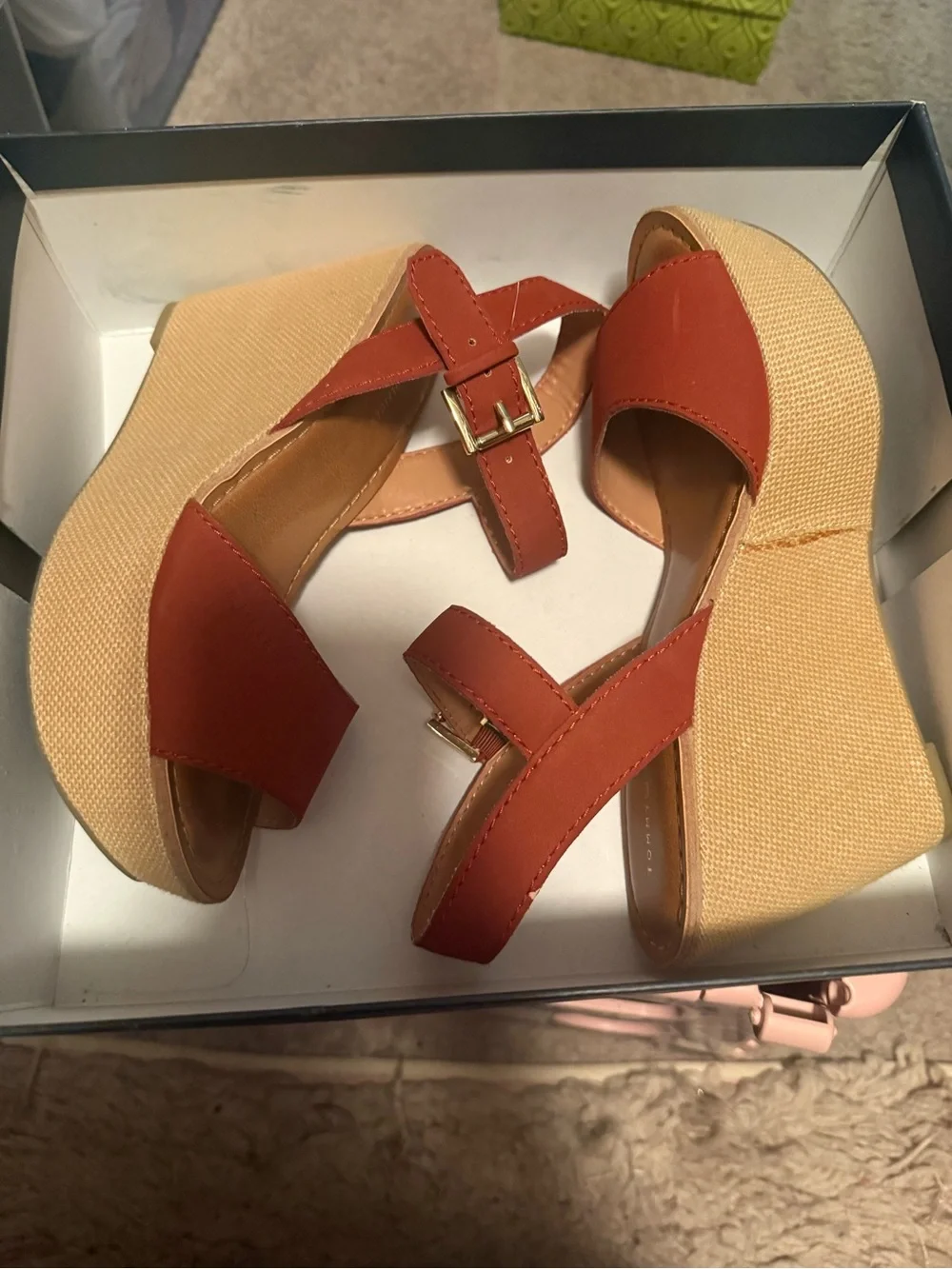 Tommy Hilfiger Terracotta Wedge Sandals with Gold Buckle